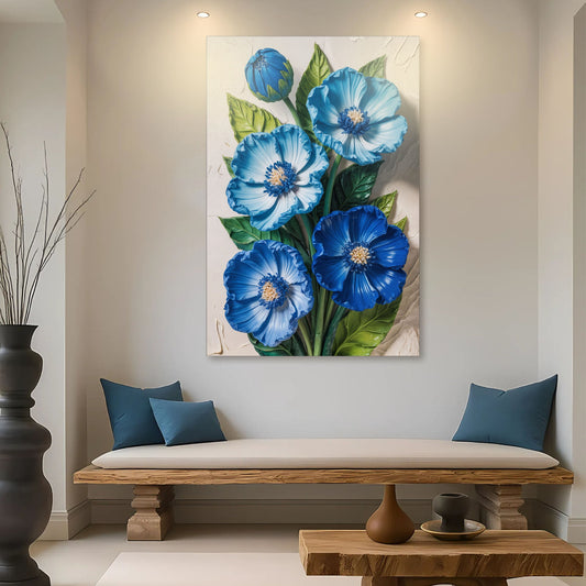 Blue Blossom Bouquet wall art on canvas by Tailored Canvases, featuring vibrant blue and pink floral design.