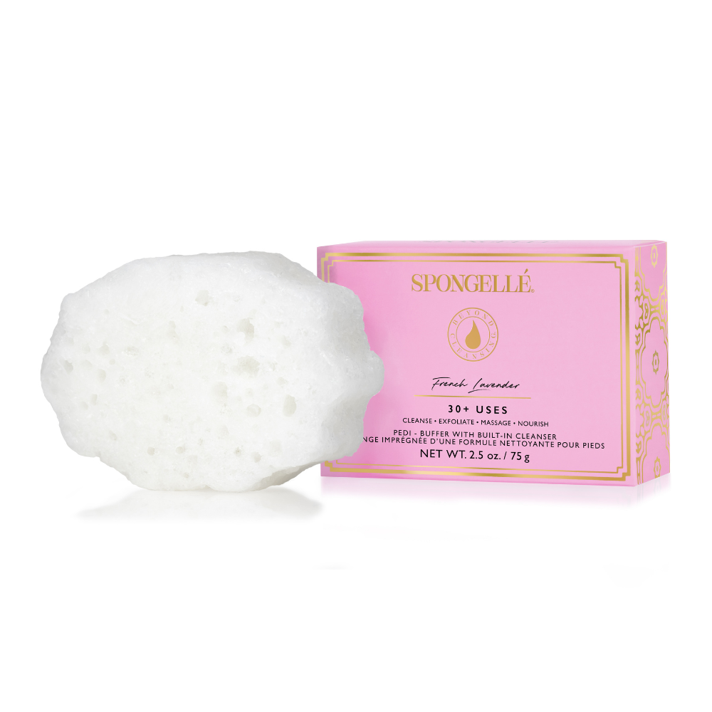 Spongellé French Lavender Pedi Buffer with textured surface for gentle foot exfoliation and soothing lavender scent.