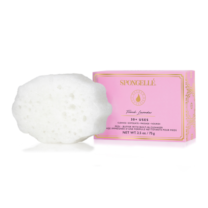 Spongellé French Lavender Pedi Buffer with textured surface for gentle foot exfoliation and soothing lavender scent.