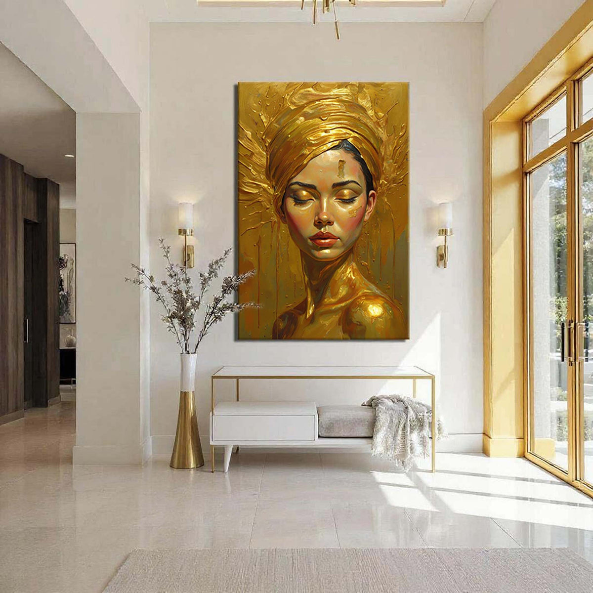 Woman's Golden Serenity canvas wall art by Tailored Canvases, featuring a peaceful, abstract golden-toned design perfect for home decor