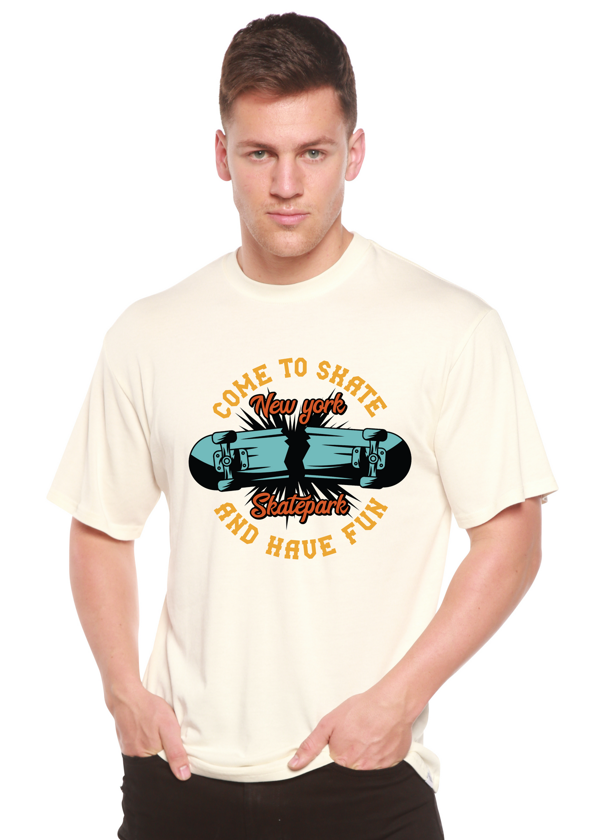 Men's printed graphic T-shirt from Spun Bamboo featuring New York Skatepark design in bamboo viscose and organic cotton fabric.