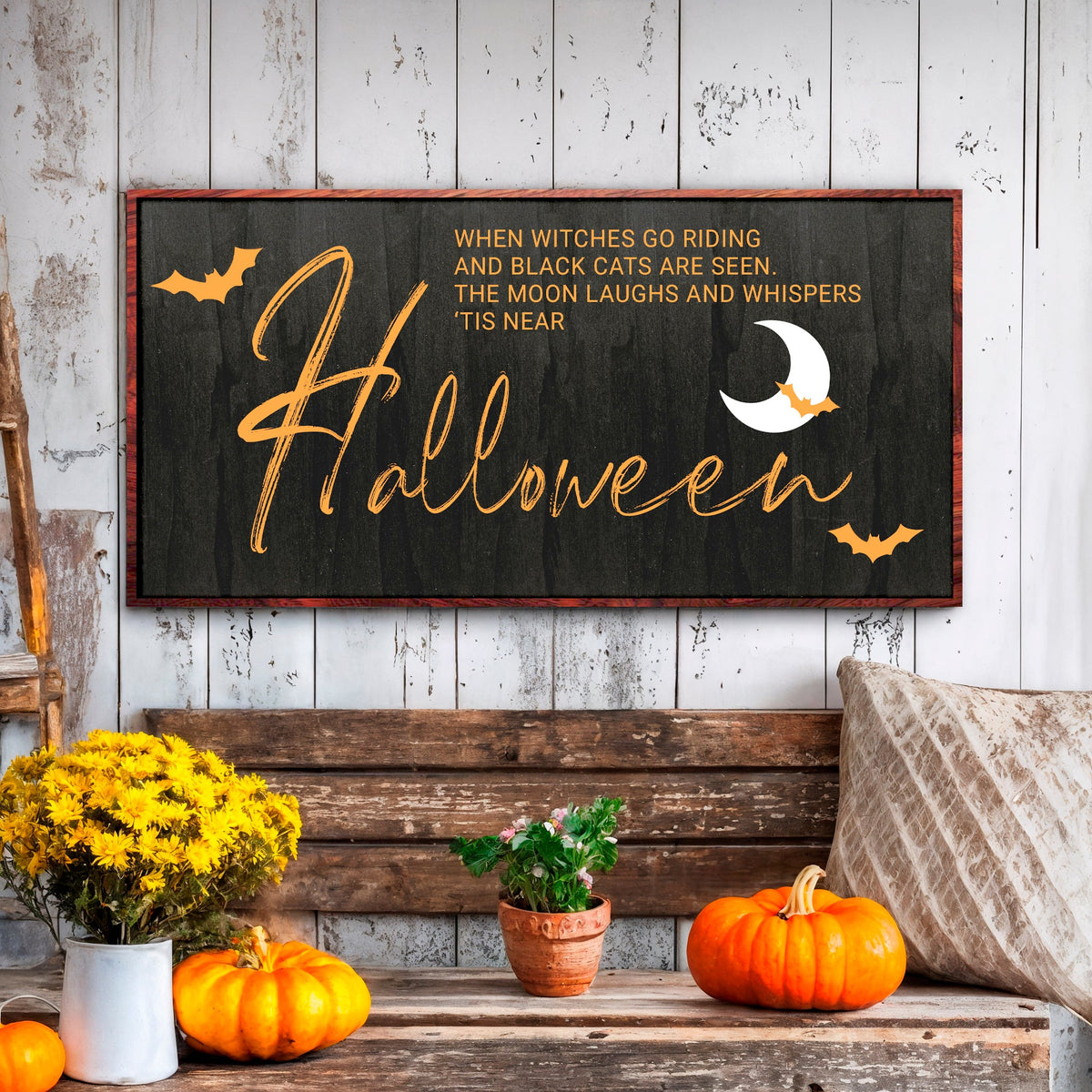 Halloween wall sign by Tailored Canvases featuring a spooky witch illustration on a canvas for Halloween decor.