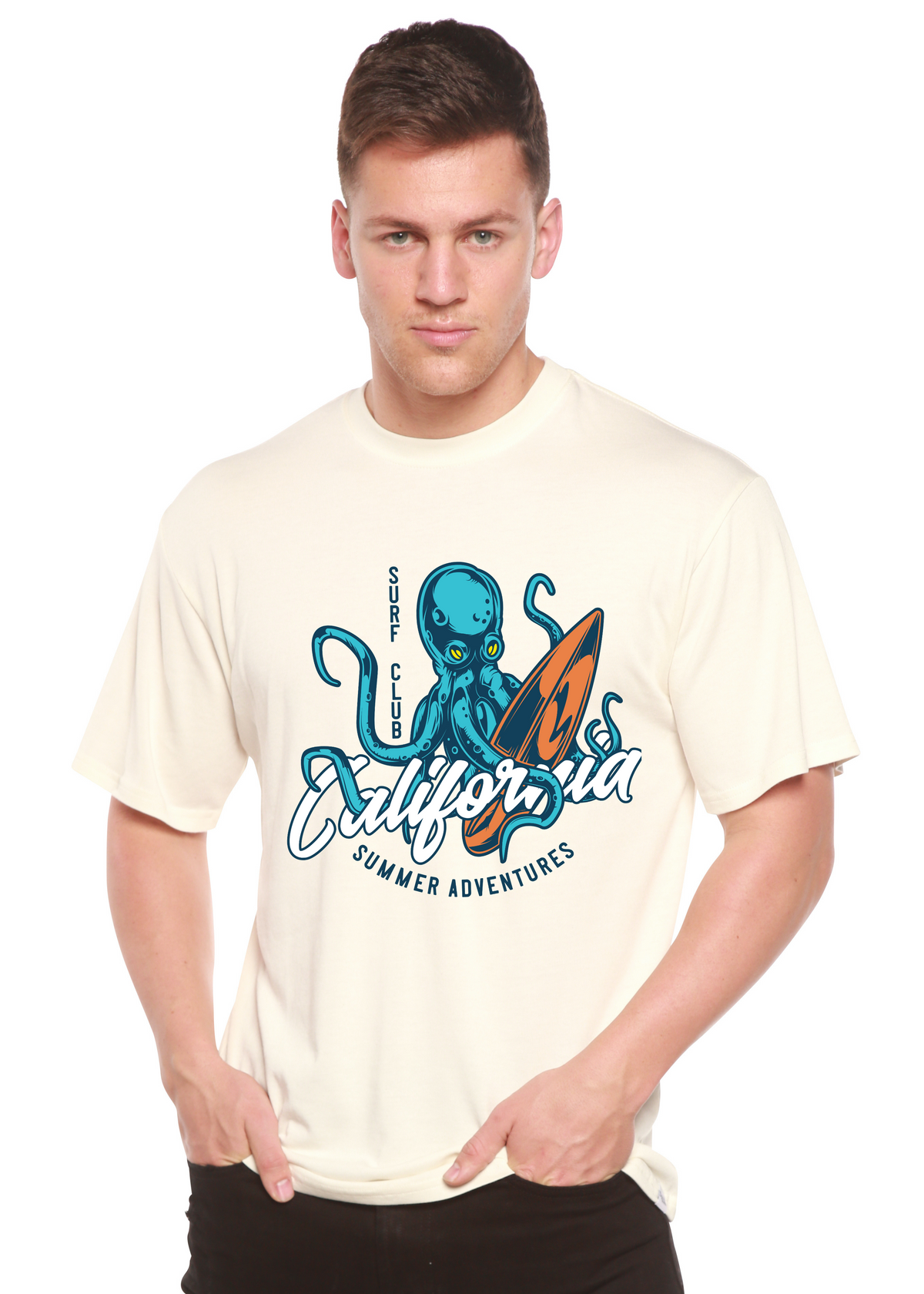 Men's California Summer Adventures graphic T-shirt by Spun Bamboo, featuring bamboo viscose and organic cotton fabric with a colorful print.