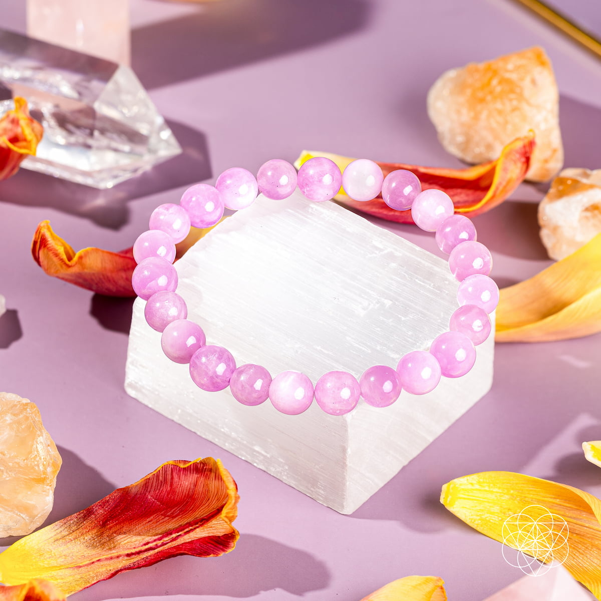 Pink Kunzite bracelet from Conscious Items featuring a delicate heart reset design with polished pink gemstones.