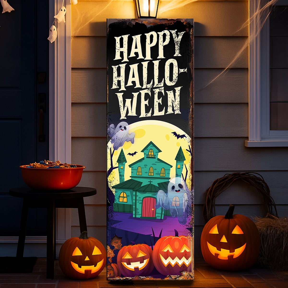 Halloween Welcome Sign canvas by Tailored Canvases with festive orange and black design for seasonal decoration.