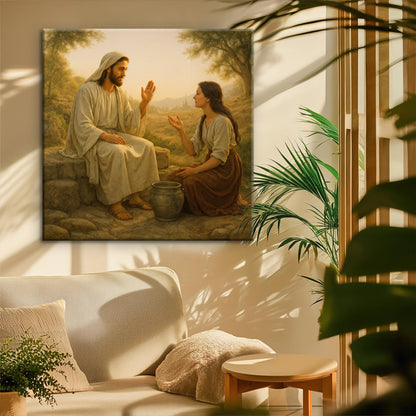 Canvas wall art featuring the Samaritan at the Well, depicting a biblical scene with vibrant colors and detailed craftsmanship.