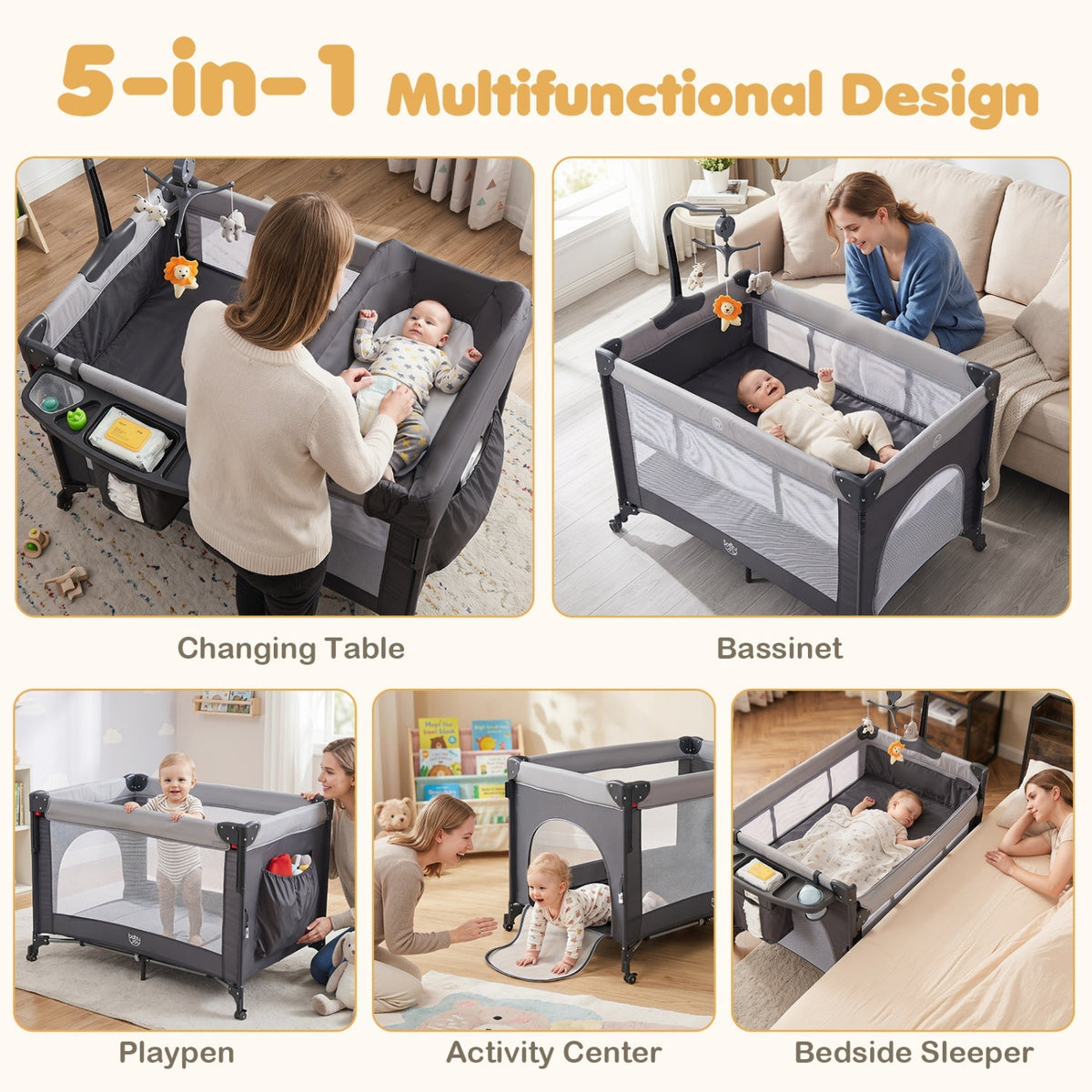 Portable 5-in-1 baby pack and play with music box, lightweight bassinet and cradle for infants, by GBruno Store
