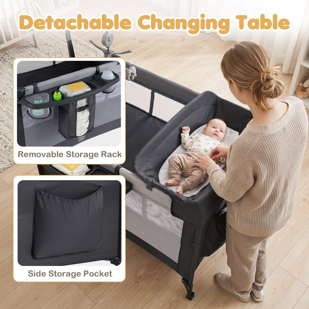 GBruno Store 5-in-1 portable baby pack and play with music box, featuring soft bassinet and cradle for infants.