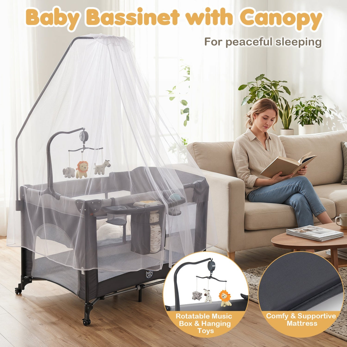 Portable baby pack and play with music box, featuring a compact design, soft fabrics, and a secure bassinet for infants.