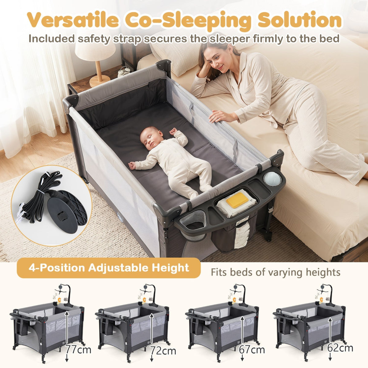 Portable 5-in-1 baby pack and play with music box, featuring a bassinet and cradle by GBruno Store for versatile infant comfort.