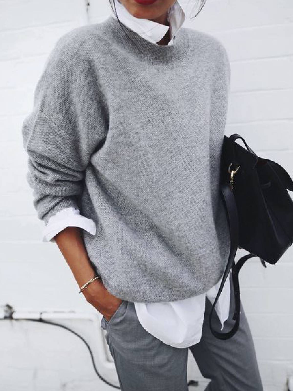 Women's solid color long sleeve knitted pullover sweater for fall and winter fashion