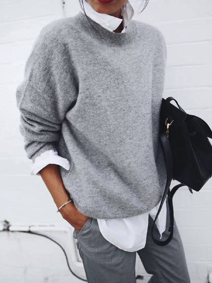 Women's solid color long sleeve knitted pullover sweater for fall and winter fashion
