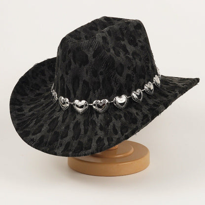 Unisex black leopard-print denim hat with a bold spotted pattern and structured brim
