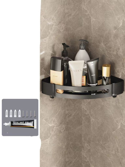 Triangle bathroom wall shelving storage rack with perforated design and simple hanging construction