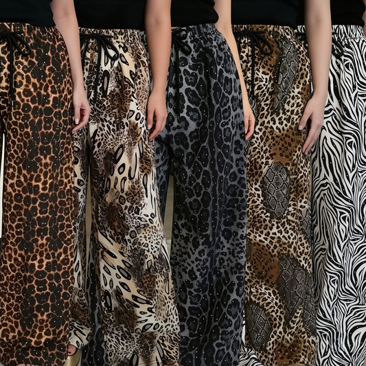 Women's rhinestone drawstring loose wide-leg pants with vintage animal print and casual trouser style