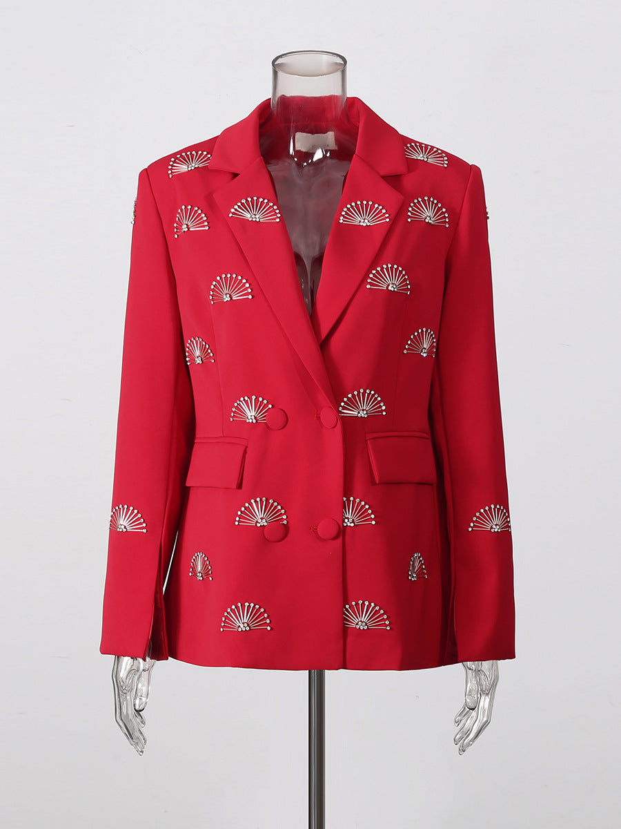 Rhinestone fan motif double-breasted tailored blazer jacket with notched lapel in dark fabric