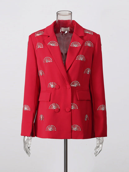 Rhinestone fan motif double-breasted tailored blazer jacket with notched lapel in dark fabric
