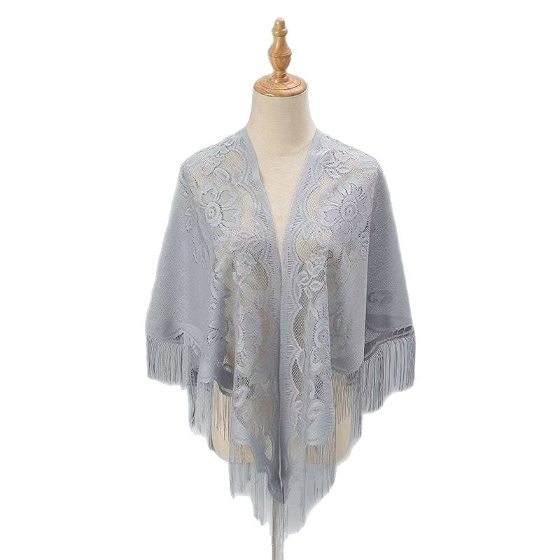 Women's breathable lace triangle shawl with floral design in a lightweight openwork pattern
