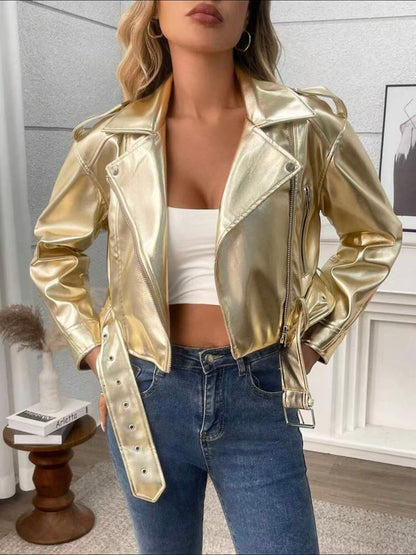 Vintage women's slim-fit PU leather biker jacket with lapel collar and short cut