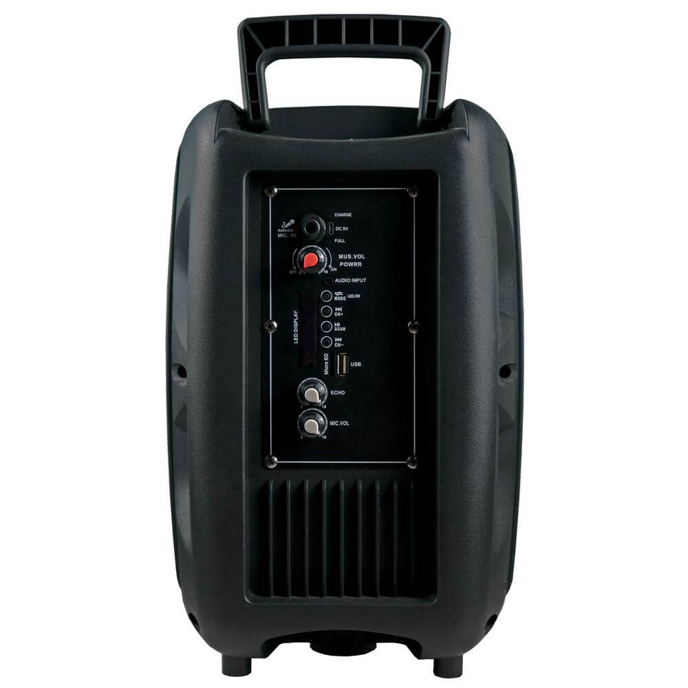 Supersonic IQ Sound 8-inch portable Bluetooth speaker shown with sleek black design and control buttons on top.