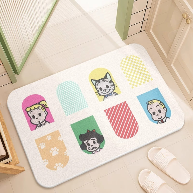 Quick-drying cartoon silica mud floor mat with a playful design and absorbent textured surface