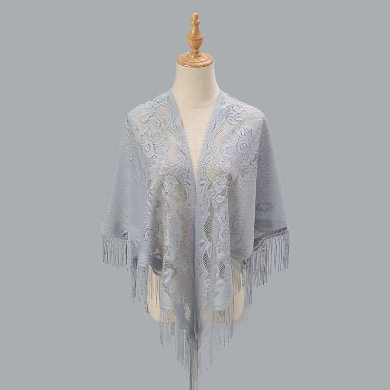 Women's breathable lace triangle shawl with floral design in a lightweight openwork pattern