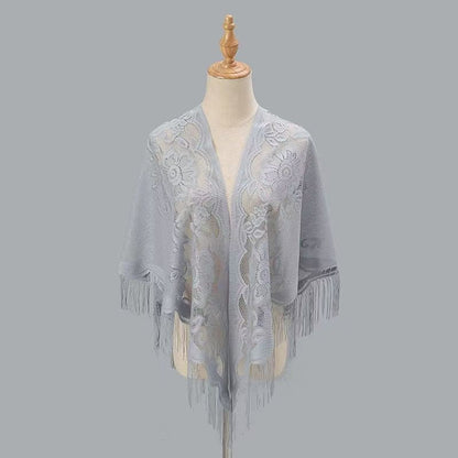 Women's breathable lace triangle shawl with floral design in a lightweight openwork pattern