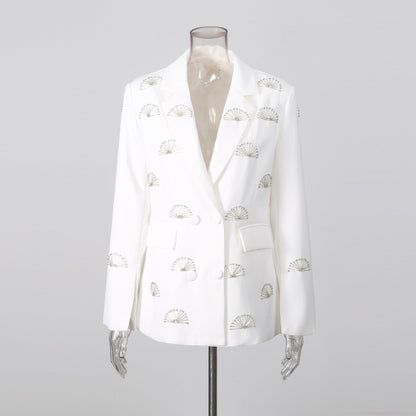 Rhinestone fan motif double-breasted notched lapel tailored blazer jacket by My Store