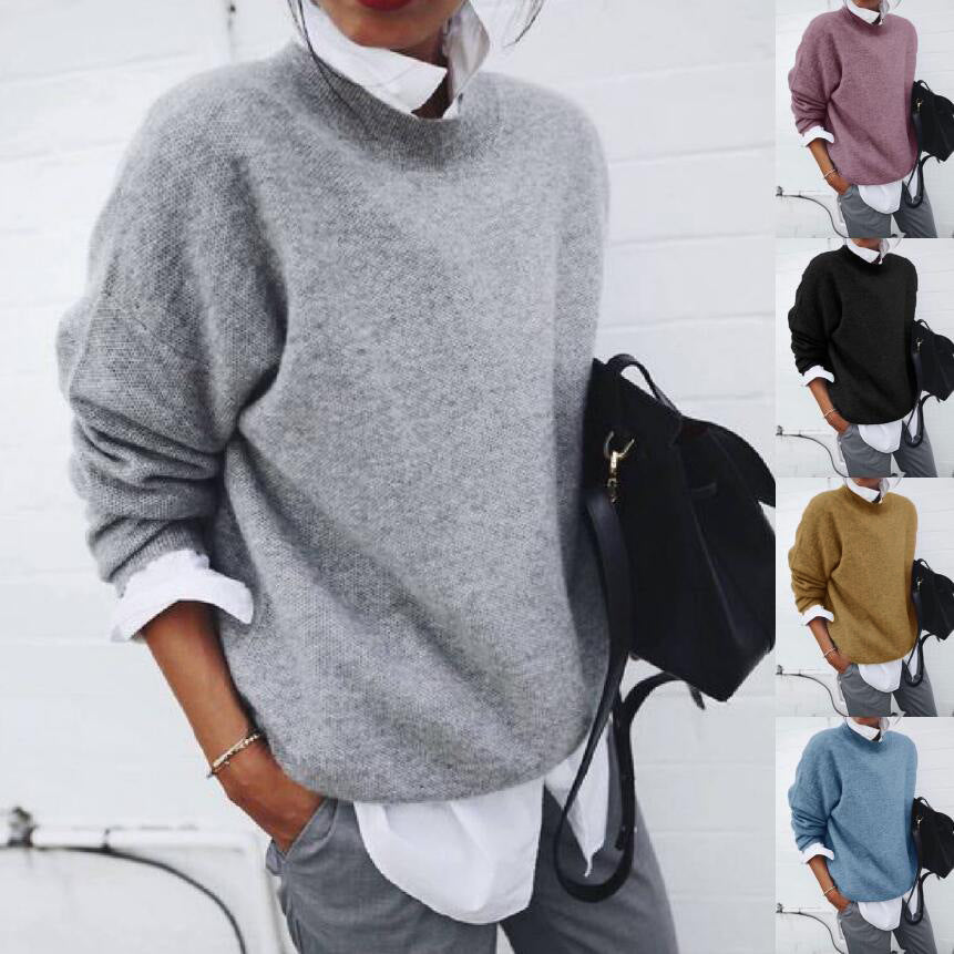 Women's solid color long sleeve knitted pullover sweater for fall and winter fashion
