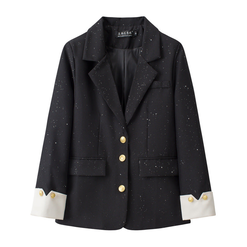 Blue designer-style blazer for women, tailored lapels and long sleeves for casual wear