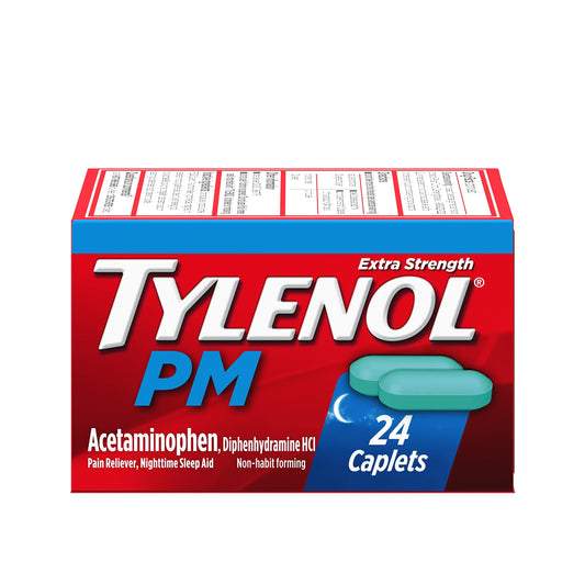 Tylenol PM Advanced pain relief and sleep aid 500mg bottle, 24 capsules in clear bottle with label showing product info