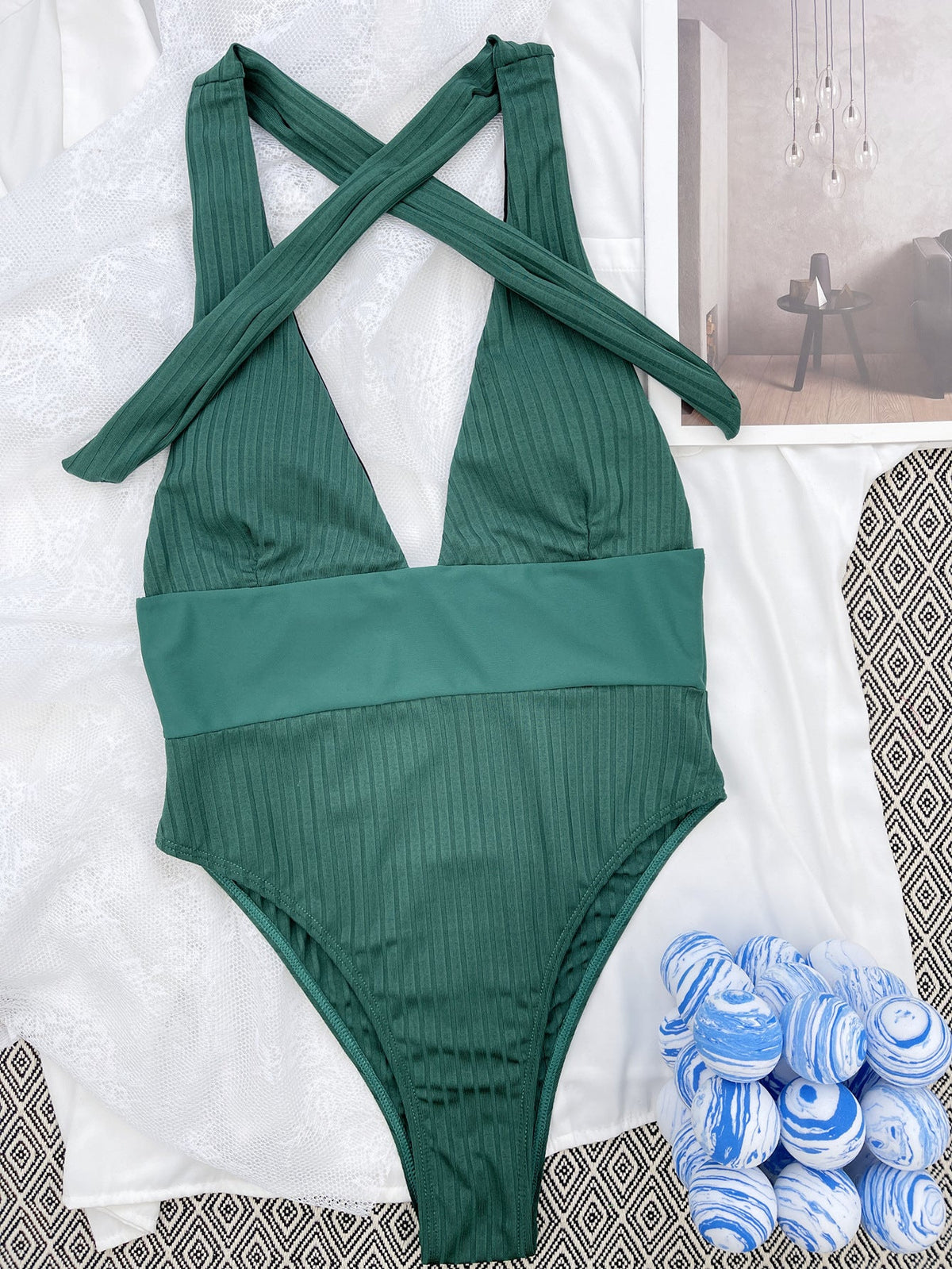 Patchwork one-piece swimsuit bikini with colorful contrasting panels and a flattering fitted design