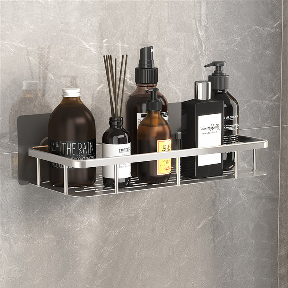 Black rectangular space aluminum wall shelf for bathroom or kitchen use, dual-use hanging design