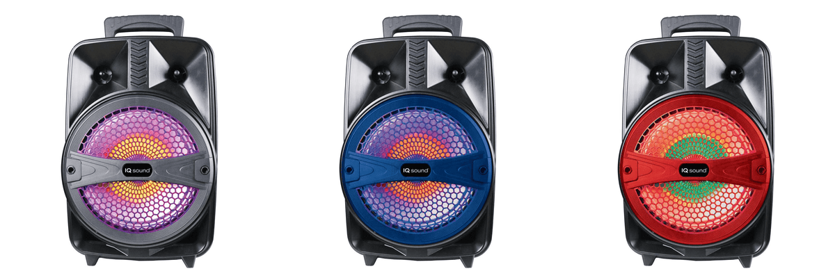 Supersonic IQ Sound 8-inch portable Bluetooth speaker with control buttons and fabric grille, designed for outdoor and indoor use.