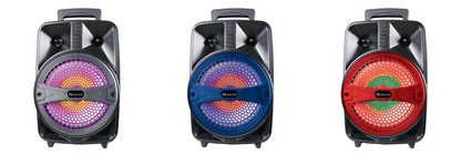 Supersonic IQ Sound 8-inch portable Bluetooth speaker with control buttons and fabric grille, designed for outdoor and indoor use.