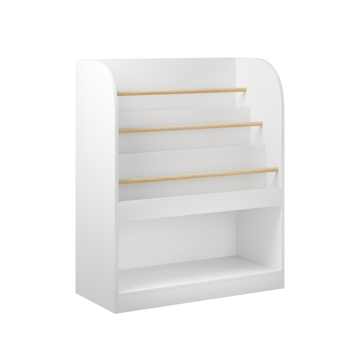 Kids bookshelf by GBruno Store with three-tier front-facing display and toy storage, featuring colorful wooden shelves and compartments.