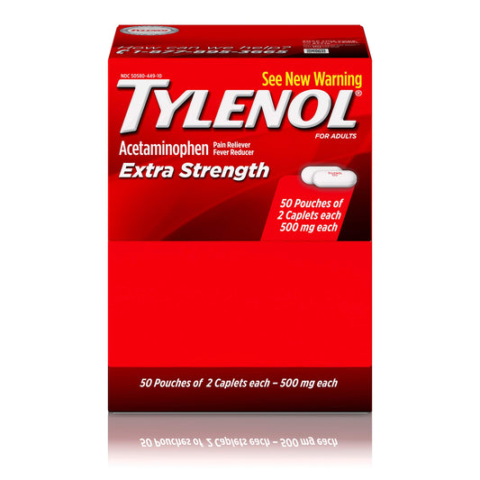 Tylenol Extra Strength 100-count acetaminophen bottles for pain and fever relief, showing the packaging and tablets.