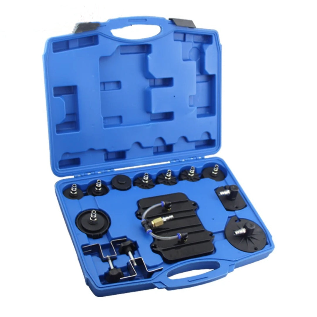 Pneumatic brake fluid replacement tool with air-powered bleeder reservoir and hose setup