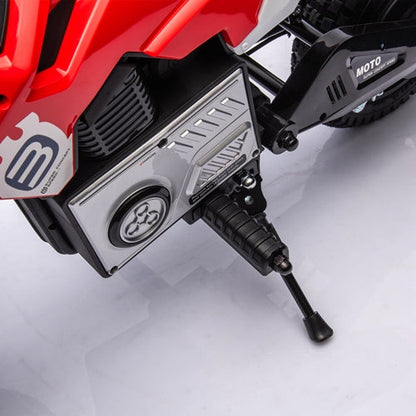 Kids riding a 24V electric motocross ride-on motorcycle for children aged 5-12, featuring a sporty design and durable construction.
