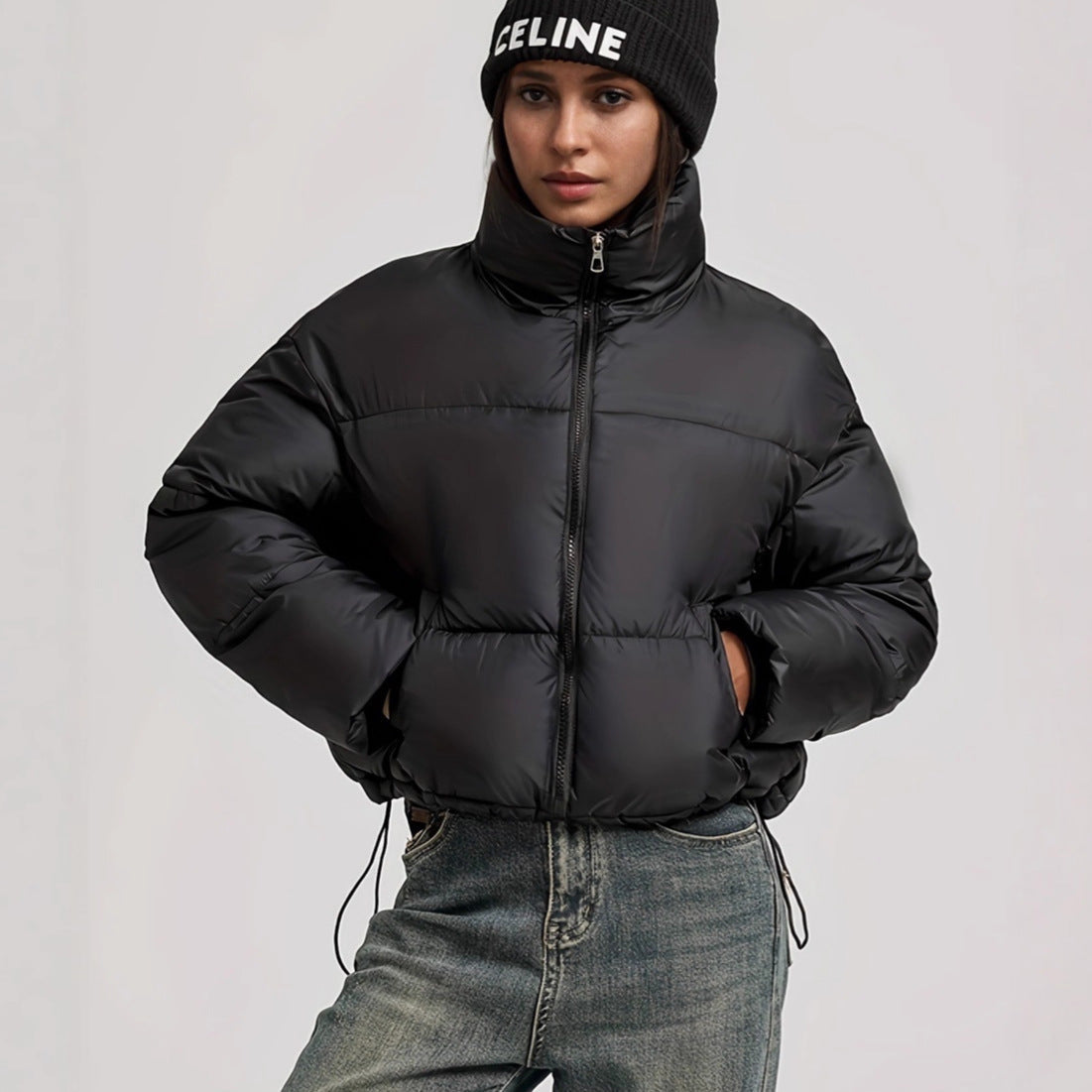Stand-collar cotton-padded puffer coat for petite figures in a structured winter design