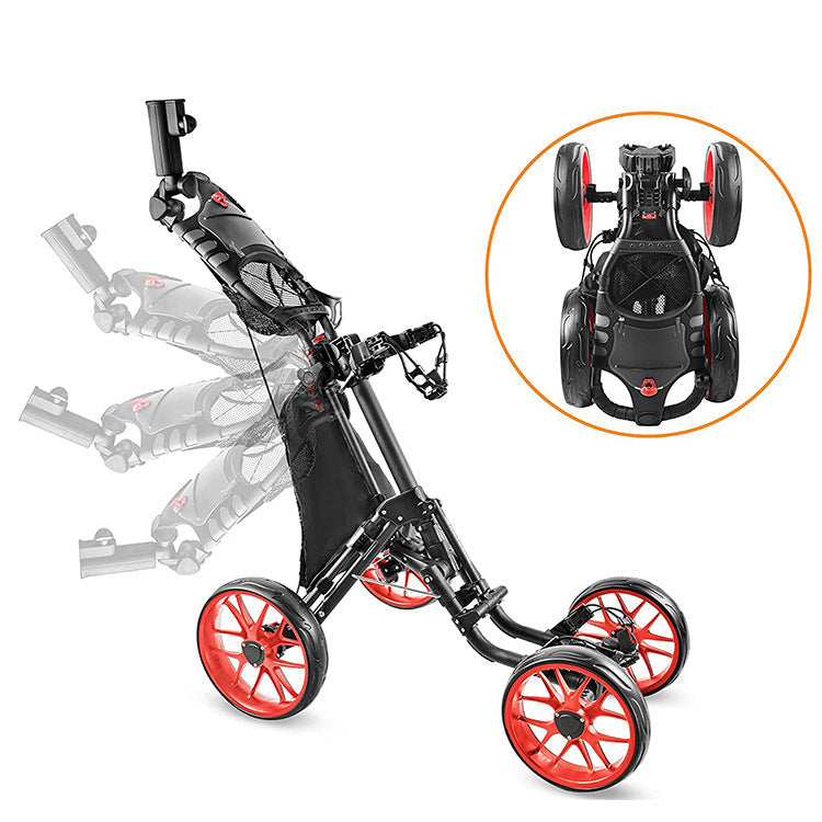 Foldable four-wheel golf trolley for carrying golf supplies, shown in compact push-cart design