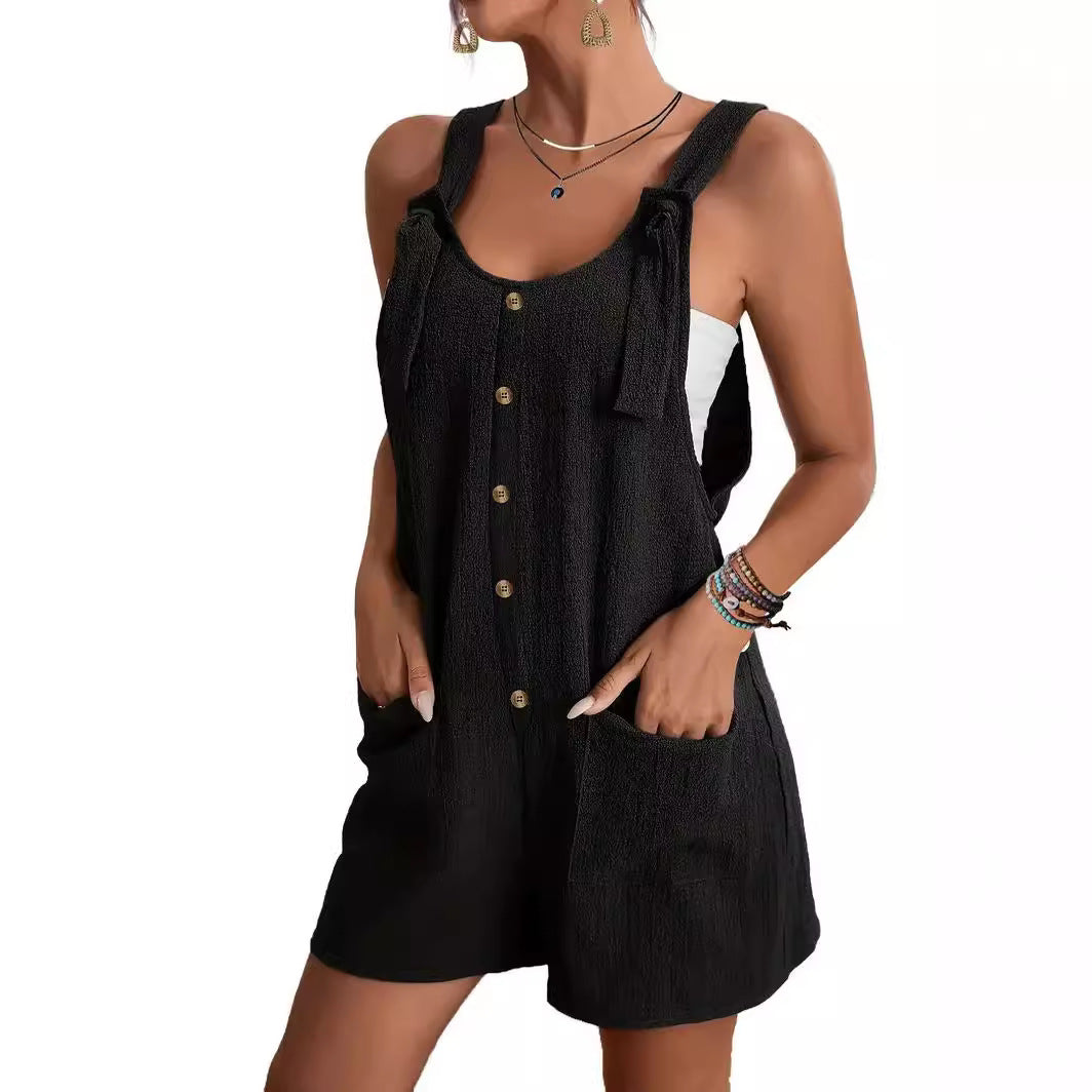 Casual and stylish strap shorts jumpsuit with adjustable shoulder straps and relaxed fit