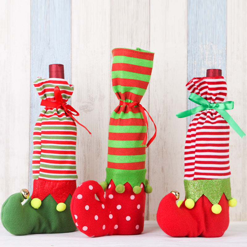 Striped Christmas wine bottle decoration set with festive red and white designs