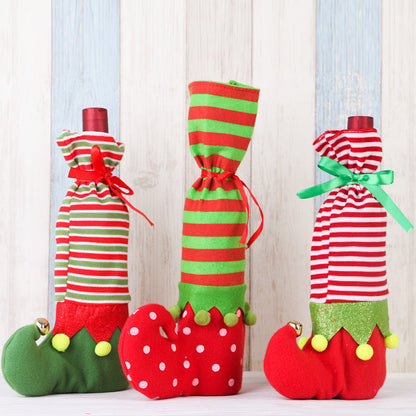 Striped Christmas wine bottle decoration set with festive red and white designs
