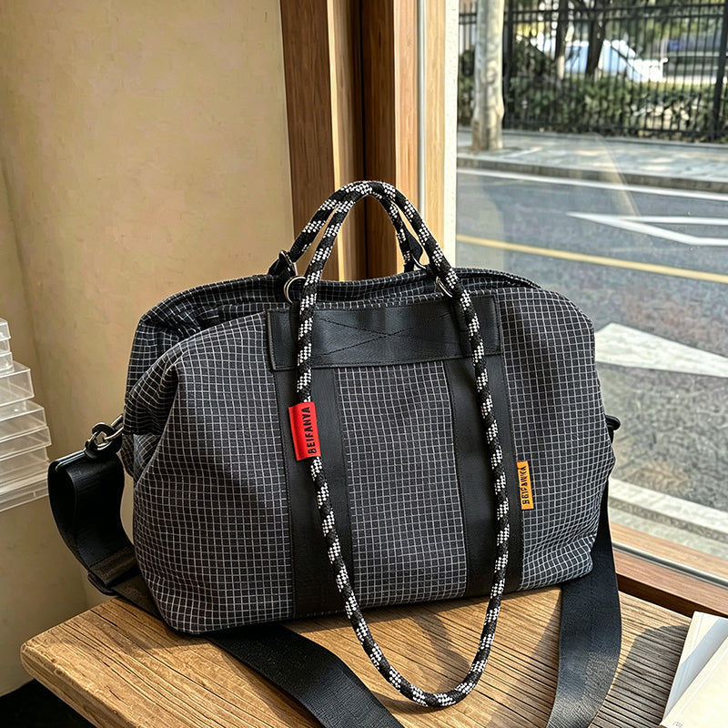 Grid pattern large capacity tote bag, roomy woven design with sturdy handles, Type 4; My Store brand
