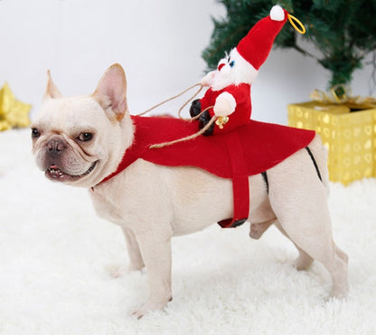 Dog Christmas clothes featuring Santa Claus riding a deer costume, front view