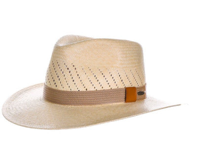 Striped bow flat-brimmed jazz straw top hat with decorative ribbon band and wide brim