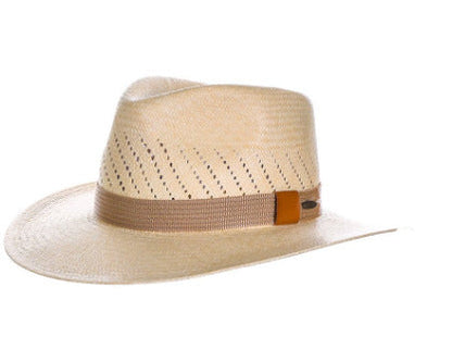 Striped bow flat-brimmed jazz straw top hat with decorative ribbon band and wide brim