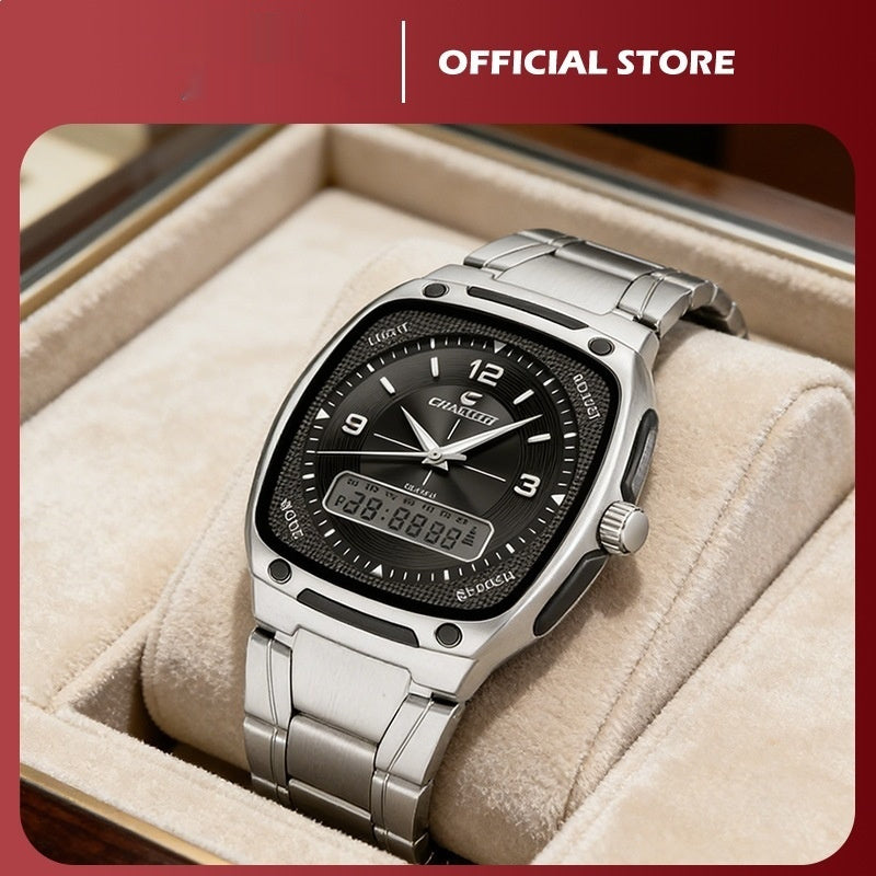 Men's alloy quartz watch with steel bracelet, round black dial, and silver-tone case