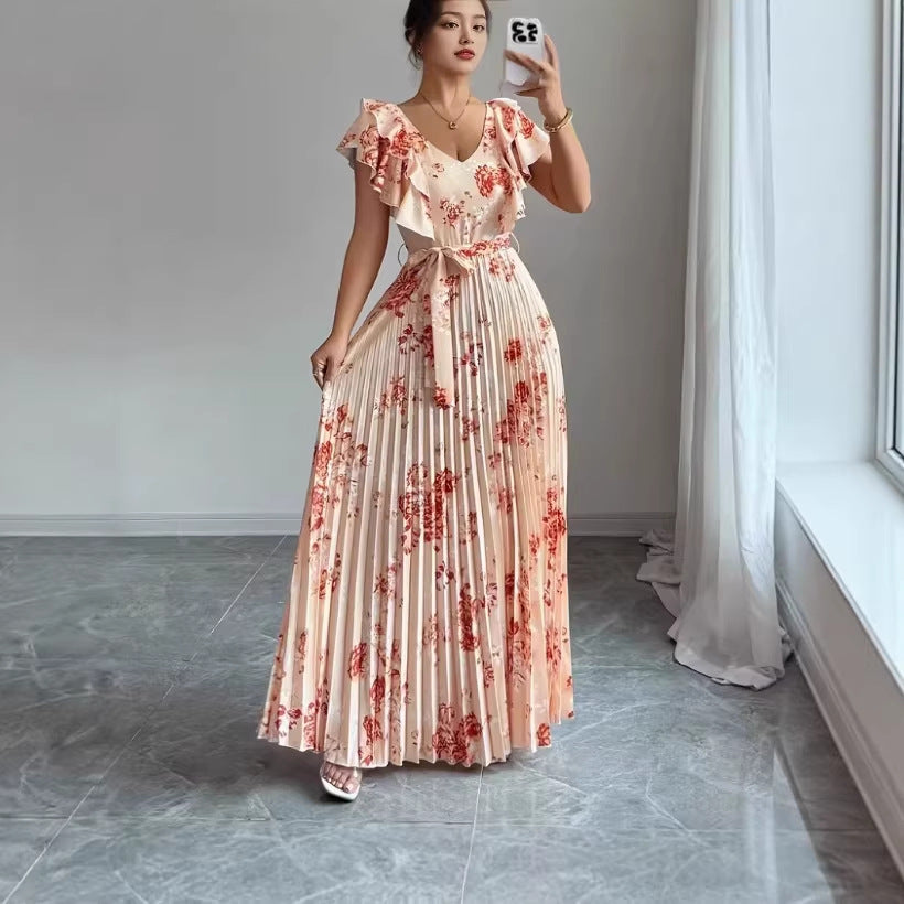 Women's V-neck printed ruffle A-line dress by My Store, showcasing the patterned fabric and flowing silhouette